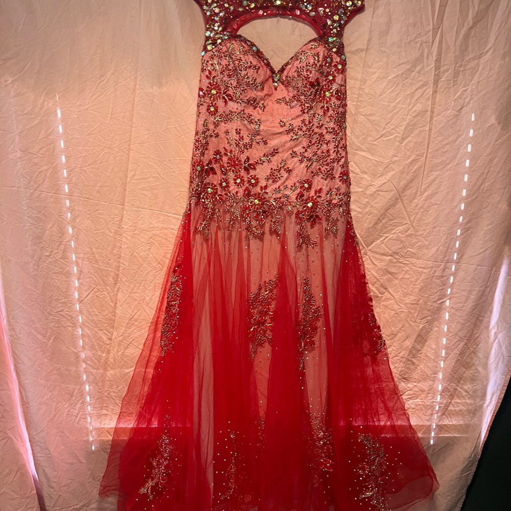 MNM Couture Red Embellished Tiered Prom Gown